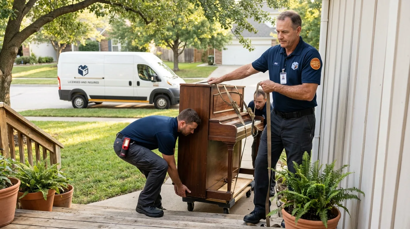 Licensed piano movers securing grand piano in Dry Ridge, KY